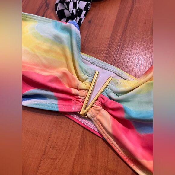 Sporlike Colorful Rainbow Bikini Top with Checkered Straps NWT large - Picture 2 of 8